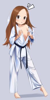 1girl absurdres belt black_belt breasts brown_eyes brown_hair cleavage clothes_pull collarbone dougi drae708 feet forehead full_body highres karakai_jouzu_no_takagi-san karate_gi loli long_hair looking_at_viewer messy_hair open_mouth pants simple_background sweat takagi-san