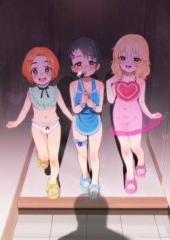 :d apron bare_arms bare_shoulders black_eyes black_hair blonde_hair blue_apron blue_footwear blush breasts brown_eyes brown_hair buta_tsuzumi collarbone commentary_request feet flat_chest frilled_panties frills hair_ornament hairclip heart highres idolmaster idolmaster_cinderella_girls indoors ladle lingerie loli long_hair looking_at_viewer multiple_girls naked_apron navel negligee open_mouth orange_hair panties pink_sandals pussy rabbit_hair_ornament ryuzaki_kaoru sakurai_momoka sandals sasaki_chie see-through_clothes shadow short_hair slippers small_breasts smile standing thigh_strap toes underwear white_panties yellow_eyes yellow_sandals