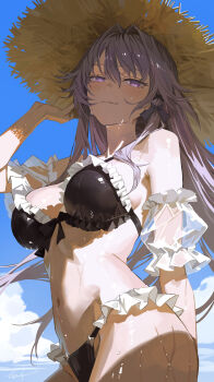 Rule 34 | 1girl, absurdres, alternate costume, bare shoulders, bikini, black bikini, blue sky, breasts, bush, closed mouth, commentary request, cowboy shot, day, grey hair, hair between eyes, hair intakes, hair ribbon, hand on own hat, hat, herta (honkai: star rail), highres, honkai: star rail, honkai (series), large breasts, long hair, looking at viewer, nanjo maya, navel, outdoors, partial commentary, purple eyes, purple ribbon, ribbon, signature, sky, smile, solo, stomach, straw hat, swimsuit, the herta (honkai: star rail), wet