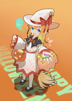1girl black_capelet black_shoes blonde_hair blue_eyes bow candy capelet commentary dress edsky0309 embellished_costume food full_body ghost halloween halloween_bucket halloween_costume happy_halloween hat hat_bow highres jack-o'-lantern lily_white long_hair long_sleeves looking_at_viewer mary_janes open_mouth orange_background pantyhose pointy_ears shoes smile solo symbol-only_commentary touhou very_long_hair white_dress white_hat white_pantyhose wide_sleeves witch_hat