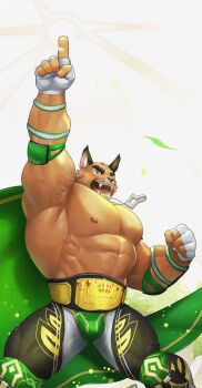1boy abs animal_ears arms_up bara belt brown_eyes bulge cape championship_belt clenched_hand commentary crave_saga english_commentary falling_leaves fangs fingerless_gloves furry furry_male gloves highres kusu_(x_kusunagi_x) leaf looking_at_viewer male_focus muscular muscular_male nipples open_mouth panther_boy panther_ears pectorals pointing pointing_up sergio_(crave_saga) topless_male white_background white_gloves wrestler
