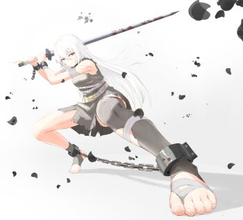 1girl absurdres bandages belt breasts chain cuffs full_body highres holding holding_sword holding_weapon long_hair looking_at_viewer original red_eyes shackles single_thighhigh slave sleeveless small_breasts solo stirrup_legwear sword thighhighs toeless_legwear torn_clothes user_mvmx2772 weapon white_hair
