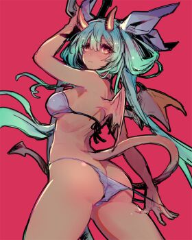 1girl alternate_color alternate_hair_color arc_system_works ass blush bra breasts butt_crack choker demon demon_horns demon_tail demon_wings devil dizzy_(guilty_gear) female_focus green_hair guilty_gear hair_ribbon hair_rings horns long_hair monster_girl oro_(sumakaita) panties pitchfork red_eyes ribbon solo tail underwear wings