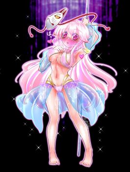 1girl armpits barefoot bikini black_background blush breasts cleavage commentary_request criss-cross_halter dancer expressionless fox_mask full_body gennso8 halterneck hata_no_kokoro heart highres long_hair looking_at_viewer mask mask_on_head medium_breasts midriff navel open_mouth pink_bikini pink_eyes pink_hair pole solo standing stripper_pole swimsuit touhou very_long_hair