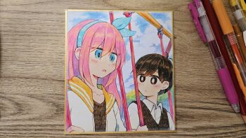 1boy 1girl antenna_hair aubrey_(faraway)_(omori) aubrey_(omori) black_eyes black_hair black_sweater_vest blue_eyes blue_hairband blue_sky bright_pupils closed_mouth cloud cloudy_sky collarbone collared_shirt day hairband highres jacket long_hair looking_at_another okudo_(okudo61) omori on_swing outdoors parted_lips photo_(medium) pink_hair scene_reference shirt short_hair short_sleeves sitting sky sunny_(omori) sweater_vest swing swing_set traditional_media white_jacket white_pupils white_shirt