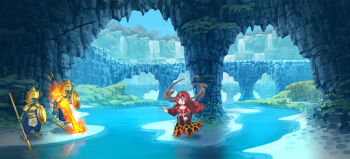 1girl 2others breasts cave chibi chibi_only cleavage commentary_request day holding holding_polearm holding_shield holding_weapon long_hair long_sleeves looking_at_another medium_breasts multiple_others nagi_itsuki original outdoors parted_lips pixiv_fantasia pixiv_fantasia_revenge_of_the_darkness polearm red_eyes red_hair scenery shield spear water waterfall weapon