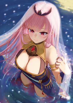 1girl armlet black_dress blunt_bangs breasts cleavage cleavage_cutout closed_mouth clothing_cutout commentary cowboy_shot dress eneeues english_commentary halter_dress halterneck highres hololive hololive_english jewelry large_breasts long_dress long_hair mori_calliope mori_calliope_(1st_costume) partially_submerged pink_eyes pink_hair see-through_clothes see-through_veil sidelocks single_thighhigh sleeveless sleeveless_dress smile solo standing thighhighs veil virtual_youtuber wading water