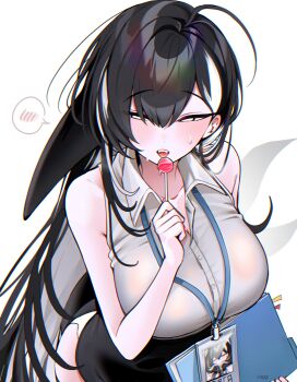 1girl absurdres bare_shoulders black_hair black_skirt blush breasts candy collarbone collared_shirt commentary_request fangs folder food hair_between_eyes hand_up haze_(7h4ze) highres holding holding_candy holding_folder holding_food holding_lollipop id_card lanyard large_breasts lollipop long_hair looking_at_viewer multicolored_hair office_lady open_mouth orca_(haze_(7h4ze)) orca_girl original pencil_skirt shirt simple_background skirt sleeveless sleeveless_shirt sweatdrop teeth two-tone_hair upper_body upper_teeth_only white_background white_eyes white_hair white_shirt white_streaks