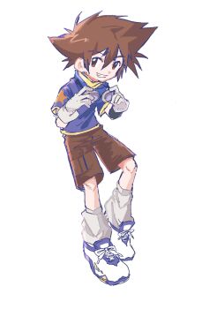 Rule 34 | 1boy, blue shirt, brown eyes, brown hair, brown shorts, digimon, digimon adventure, full body, goggles, goggles around neck, highres, male focus, megane mochi, print shorts, shirt, short sleeves, shorts, simple background, solo, star (symbol), star print, white background, yagami taichi