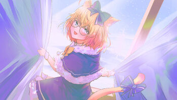 1girl absurdres animal_ear_fluff animal_ears blonde_hair blue_bow blue_capelet blue_dress blue_sky blush bow capelet cat_ears cat_girl cat_tail commentary curtain_grab curtains day dress english_commentary eyelashes fang fur-trimmed_capelet fur-trimmed_dress fur_trim glasses hair_bow highres indie_virtual_youtuber looking_at_viewer looking_back minikomew miyukiko open_mouth pom_pom_(clothes) round_eyewear scrunchie short_hair skin_fang sky smile solo tail tail_bow tail_ornament third-party_source virtual_youtuber wrist_scrunchie yellow_bow