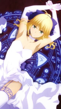 1girl ahoge armpits arms_up artoria_pendragon_(fate) bare_shoulders bdsm blonde_hair blush bondage bound bound_arms bow breasts choker cleavage collarbone dress elbow_gloves fate/stay_night fate/unlimited_blade_works fate_(series) female_focus gloves green_eyes hair_bow hair_ribbon highres imminent_penetration imminent_rape imminent_vaginal kneehighs legs long_glove long_skirt looking_at_viewer lying magic_circle medium_hair no_bra on_back on_side ponytail purple_bow purple_garter_belt purple_garter_straps purple_ribbon ribbon saber_(fate) scan sexually_suggestive skirt small_breasts socks solo solo_focus sweat sweatdrop teeth thighhighs thighs tsuzuki_moe wedding_dress white_choker white_dress white_gloves white_skirt white_thighhighs zettai_ryouiki