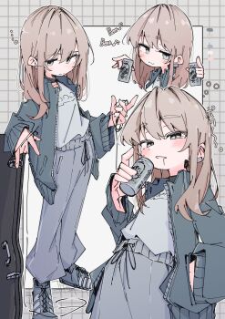 1girl :3 absurdres alcohol aomoringo beer beer_can blush can color_guide commentary_request drink_can drooling drunk earclip girls_band_cry grey_background grey_hair grey_pants grey_shoes grid_background guitar_case hand_in_pocket highres holding holding_can instrument_case jacket kawaragi_momoka long_hair musical_note open_clothes open_jacket pants shirt_tucked_in shoes solo standing sweatpants