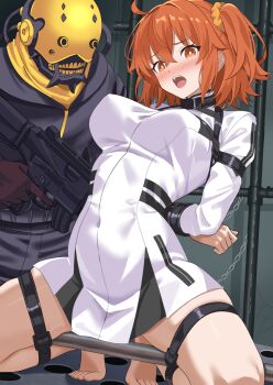 1boy 1girl arms_behind_back breasts commission covered_navel dress fate/grand_order fate_(series) fujimaru_ritsuka_(female) fujimaru_ritsuka_(female)_(decisive_battle_chaldea_uniform) gag hair_ornament hair_scrunchie highres large_breasts medium_hair open_mouth orange_eyes orange_hair pixiv_commission restrained scrunchie shimouki_izui side_ponytail spreader_bar squatting white_dress