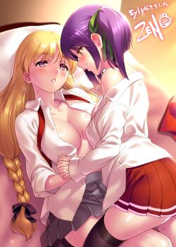 2girls :d absurdres all_fours ar_tonelico ar_tonelico_ii bare_shoulders black_bow black_thighhighs blonde_hair blush bow braid breasts chroche_latel_pastalie collared_shirt commentary commission couple cowboy_shot dutch_angle english_commentary girl_on_top green_ribbon grey_skirt grin hair_between_eyes hair_bow hair_ribbon highres holding_hands indoors interlocked_fingers large_breasts long_hair long_sleeves looking_at_another low-braided_long_hair low-tied_long_hair luca_truelywaath lying miniskirt multiple_girls on_back one_side_up open_clothes open_mouth open_shirt parted_lips pleated_skirt profile purple_eyes purple_hair red_skirt ribbon school_uniform second-party_source shiny_skin shirt short_hair skeb_commission skirt smile sweat thighhighs very_long_hair white_shirt yellow_eyes yuri zen_(kamuro) zettai_ryouiki