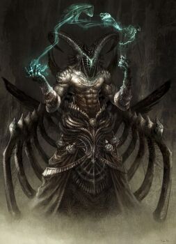 1boy abs black_wings bone bone_ornament colored_skin commentary curved_horns dark_background english_commentary facing_viewer fog glowing grey_skin hands_up monster_boy muscular muscular_male original pectorals solo spikes tahra wings