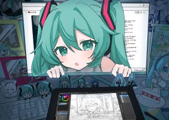 1girl :o absurdres aqua_eyes aqua_hair bare_shoulders blush cake character_doll commentary_request computer detached_sleeves doll food green_eyes grey_shirt hair_between_eyes hair_ornament hatsune_miku headphones highres long_hair looking_at_viewer monitor necktie open_mouth shirt skirt sleeveless sleeveless_shirt solo through_medium through_screen twintails very_long_hair vocaloid yukia_1128