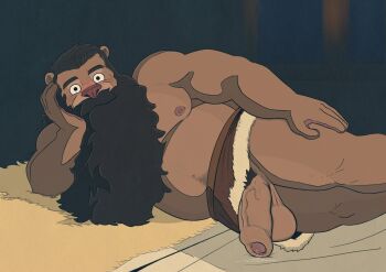 1boy animal_ears bara bear_boy bear_ears beard belly brown_fur derivative_work dungeon_meshi dwarf elbow_rest facial_hair fat fat_man foreskin furrification furry furry_male girthy_penis highres long_beard looking_at_viewer lying male_focus mustache navel nipples no_male_underwear on_side pectorals penis penis_out rev_revington screenshot_redraw senshi_(dungeon_meshi) solo thick_mustache thick_navel_hair topless_male uncensored very_long_beard