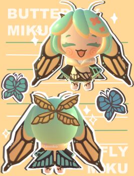 1girl 3d absurdres alternate_costume alternate_hair_color alternate_hairstyle animal_print antennae aqua_hair arthropod_girl blush bug butterfly butterfly_girl butterfly_print butterfly_wings chibi chibi_only closed_eyes colored_eyelashes english_text hatsune_miku highres insect insect_wings lavy_(lavnko) open_mouth outline skirt smile sparkle twintails vocaloid white_outline wings