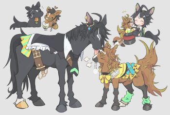 >_< +++ 2girls afterimage ahoge animal animal_ear_piercing animal_ears animalization belt bird black_gloves black_hair black_hat black_necktie bow bowtie braid brown_belt brown_hair carrot chinese_commentary clothed_animal commentary creature_and_personification ear_ornament eurasian_tree_sparrow food fuji_kiseki_(racehorse) fuji_kiseki_(umamusume) gloves green_socks grey_background half_up_half_down_braid hat hat_ribbon heart highres holding holding_spoon horse horse_ears horse_girl horse_tail jacket jewelry jiuhao_(jmve3248) jungle_pocket_(racehorse) jungle_pocket_(umamusume) licking loose_socks medium_hair mini_person minigirl mixed-language_commentary mouth_hold multiple_girls necktie notched_ear notice_lines parfait pendant person_and_animalization personification real_life recursive_animalization red_ribbon ribbon short_necktie size_difference smile socks sparrow spoon suit_jacket tail tail_wagging top_hat umamusume visible_air white_hair yellow_bow yellow_bowtie