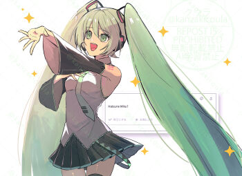 1girl :d absurdly_long_hair aqua_trim black_skirt black_sleeves black_thighhighs breasts coula_cat cowboy_shot detached_sleeves floating_hair green_eyes green_hair green_necktie grey_shirt hair_between_eyes hatsune_miku headphones headset highres long_hair long_sleeves microphone miniskirt music necktie open_mouth outstretched_arm pleated_skirt request_inset shirt shoulder_tattoo singing skirt sleeveless sleeveless_shirt small_breasts smile solo standing tattoo thighhighs twintails very_long_hair vocaloid zettai_ryouiki