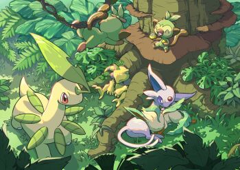 Rule 34 | abra, bayleef, closed eyes, colored sclera, colored skin, eating, espeon, gen 1 pokemon, gen 2 pokemon, gen 4 pokemon, gen 8 pokemon, grass, green skin, grookey, highres, leafeon, looking at another, lying, nintendo, no humans, open mouth, plant, pokemon, pokemon (creature), purple sclera, purple skin, q-chan, red eyes, sitting, sleeping, tree, yellow skin