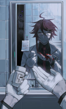 2boys absurdres ahoge alternate_costume alternate_hairstyle alternate_universe aotsuki_eito black_shirt black_streaks blood blood_on_clothes blood_on_gloves blue_eyes bottle breast_pocket chinese_commentary collared_shirt commentary_request different_reflection gloves grey_hair half_gloves highres holding holding_bottle holding_pill horror_(theme) jacket keypad looking_at_hand male_focus multicolored_hair multiple_boys multiple_hair_clips necktie note open_door paper peeking_out pen pill pill_bottle pocket pov pov_hands purple_eyes red_hair red_necktie reflection revision shirt short_hair sink straitjacket streaked_hair sumino_takumi the_hundred_line_-last_defense_academy- third_eye tile_wall tiles white_gloves white_jacket yeshaqianww