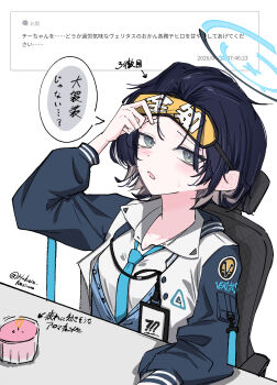 1girl arrow_(symbol) artist_name blindfold_mask blue_archive blue_hair blue_halo blue_necktie candle chair chihiro_(blue_archive) commentary_request grey_eyes halo highres hukuro_kasiwa id_card jacket looking_at_viewer mask multicolored_halo multicolored_jacket necktie open_mouth request_inset shirt short_hair simple_background solo speech_bubble table translation_request twitter_username two-tone_halo two-tone_jacket white_background white_shirt