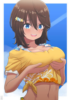 1girl bikini blue_background blue_bikini blue_eyes breasts brown_hair cloud cowboy_shot floral_print grabbing_own_breast hair_ornament higa_hikari highres himewe holding_breasts koikatsu koikatsu_sunshine looking_at_viewer navel shirt shorts side-tie_shirt smile star_(symbol) star_hair_ornament striped_bikini striped_clothes swimsuit tan yellow_shirt