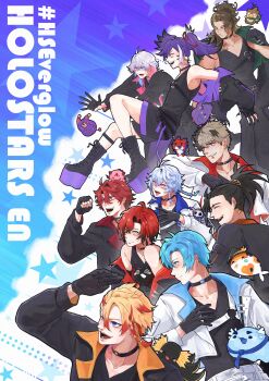 6+boys absurdres ac_09_18 altventurer_(regis_altare) animal animal_on_shoulder antenna_hair arm_up axel_syrios axelotl_(axel_syrios) axolotl banzoin_hakka belt bird black_belt black_boots black_choker black_gloves black_hair black_nails black_shirt black_shorts black_tank_top blonde_hair blue_background blue_eyes blue_hair boots braid brown_hair bubby_(goldbullet) chest_belt choker closed_eyes collarbone collared_jacket commentary creature creature_on_arm creature_on_head crimzon_ruze cropped_jacket english_text everyone fingerless_gloves fingernails fish from_side gavis_bettel gloves goldbullet green_eyes hakkito_(banzoin_hakka) hashtag heterochromia highres holding holding_creature holoarmis holostars holostars_english holostars_english_idol_uniform holotempus jacket jacket_on_shoulders josuiji_shinri jurard_t_rexford koi koipanion_(josuiji_shinri) long_hair long_sleeves machina_x_flayon machiroon_(machina_x_flayon) male_focus multicolored_hair multiple_boys multiple_braids o-ring o-ring_belt octavio open_mouth outstretched_arm phantom_(gavis_bettel) pink_eyes pink_hair platform_boots pointy_ears ponytail poppet_(octavio) purple_eyes purple_hair red_eyes red_hair red_streaks regis_altare ruzader_(crimzon_ruze) sharp_fingernails sharp_teeth shirt short_hair shorts side_braid single_braid single_hair_streak sleeveless sleeveless_shirt slime_(creature) smile sorawrity_(jurard_t_rexford) star_(symbol) streaked_hair symbol-only_commentary tank_top teeth tri_braids two-tone_hair virtual_youtuber white_belt white_hair white_jacket white_streaks yellow_eyes