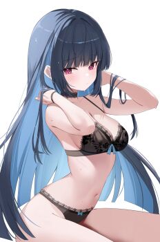 Rule 34 | 1girl, black bra, black choker, black hair, black panties, blue hair, blunt bangs, bra, breasts, choker, cleavage, commentary, crosshair pupils, hands in own hair, hands up, highres, lace, lace-trimmed bra, lace-trimmed choker, lace-trimmed panties, lace trim, lingerie, long hair, looking at viewer, medium breasts, nannung, navel, nazuka (stella sora), panties, purple eyes, simple background, sitting, solo, stella sora, stomach, symbol-only commentary, underwear, underwear only, very long hair, white background