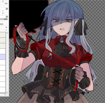 Rule 34 | 1girl, art program in frame, ascot, back bow, bang dream!, bang dream! it's mygo!!!!!, black ascot, black bow, black corset, black ribbon, black skirt, black wrist cuffs, blue hair, bow, breasts, corset, earrings, gloves, grey gloves, hair ribbon, holding, holding leash, jewelry, leash, long hair, medium breasts, mocaccc, oblivionis (bang dream!), puffy short sleeves, puffy sleeves, ribbon, short sleeves, sidelocks, skirt, solo, togawa sakiko, wrist cuffs, yellow eyes