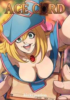 1girl blonde_hair breasts card cover cover_page dark_magician_girl green_eyes highres kinkymation lips looking_at_viewer smile teeth tongue yu-gi-oh!