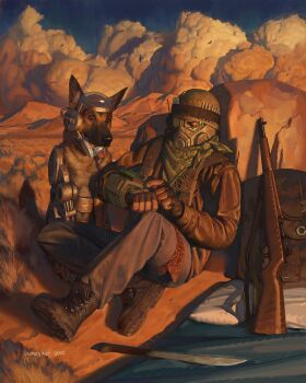 1boy absurdres backpack bag bandana bedroll blue_sky brain bullet card cloud cloudy_sky courier_(fallout:_new_vegas) cyborg deimos_art denim desert dog duster fallout fallout:_new_vegas fingerless_gloves gas_mask gloves grass green_bandana gun helmet highres jeans leaning_back m1_garand machete mask mountainous_horizon pants pillow pip_boy playing_card prosthesis prosthetic_leg red_bandana rex_(fallout:_new_vegas) rifle rock sand sitting sky snow_globe weapon wrist_computer