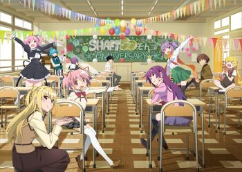 3boys 6+girls absurdres adjusting_eyewear anniversary arm_up arms_up assault_lily balloon bishounen_series black_skirt black_thighhighs blonde_hair blue_hair blush_stickers book brown_eyes brown_hair brown_skirt chair classroom commentary_request company_connection crossover desk donut ef_(visual_novel) fate/extra fate/extra_last_encore fate_(series) food glasses green_skirt highres hitotsuyanagi_riri holding holding_book holding_donut holding_food indoors juliet_sleeves jumping kaname_madoka key_visual kiriyama_rei kishinami_hakuno_(male) kusagakure_satoko loafers long_hair long_sleeves looking_at_viewer looking_back mahou_shoujo_madoka_magica maria_holic monogatari_(series) multiple_boys multiple_crossover multiple_girls ninja_to_koroshiya_no_futarigurashi official_art on_chair on_desk one_side_up orange_eyes orange_scarf oshino_shinobu outstretched_arm pants pennant pink_eyes pink_hair pink_shirt plaid_clothes plaid_skirt pleated_skirt promotional_art puffy_sleeves purple_hair sangatsu_no_lion scarf school_chair school_desk school_uniform second-party_source senjougahara_hitagi shaft_(company) shidou_mariya shindou_chihiro shirt shoes short_hair short_sleeves short_twintails side_ponytail sitting skirt smile soutouin_manabu squatting string_of_flags striped_clothes striped_pants thighhighs twintails watanabe_akio white_shirt white_thighhighs window