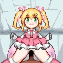 1boy 1girl animated blonde_hair blush censored clothed_female_nude_male cowgirl_position cum cum_in_pussy cum_overflow cumdrip dress erection femdom girl_on_top gloves green_eyes hair_ornament halloween_roll hetero hinainf licking_lips loli looking_at_viewer looping_animation lowres magical_girl mega_man_(series) mega_man_x_(series) mega_man_x_dive miniskirt nipples nude open_clothes open_mouth penis pink_dress pink_ribbon pixel_art pov pov_crotch pussy ribbon roll_(mega_man) sex sidelocks skirt smile solo_focus spread_legs straddling tagme teeth tongue tongue_out twintails upper_teeth_only vaginal video white_gloves white_ribbon