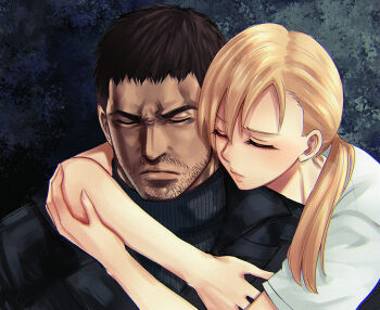 Rule 34 | 1boy, 1girl, beard stubble, black hair, blonde hair, chris redfield, closed eyes, facial hair, hug, hug from behind, jill valentine, long hair, low ponytail, nagare, ponytail, resident evil, stubble