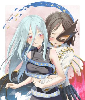 2girls bare_shoulders black_dress blue_hair blush bone breasts brown_hair closed_eyes dress fiery_wings hair_between_eyes half_mask hand_on_another&#039;s_arm highres hug hug_from_behind iwanaga_ariya long_bangs long_hair long_sleeves mask medium_breasts multiple_girls otomeza_ryuseigun parted_lips red_eyes shirt short_hair skeletal_wings sleeveless sleeveless_dress smile tearing_up touhou twitter_username upper_body wavy_mouth white_shirt wings yuiman_asama