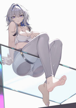 1girl absurdres against_glass ass ass_on_glass ass_press bare_shoulders barefoot black_choker breasts chahu_pao choker cleavage collarbone earrings feet fingernails from_below galbrena_(wuthering_waves) glass grey_hair highres jewelry large_breasts leggings looking_at_viewer medium_hair missing_commentary mole mole_on_breast nail_polish parted_lips purple_nails soles solo sports_bra sweat toenail_polish toenails toes v-shaped_eyebrows white_leggings white_sports_bra wuthering_waves