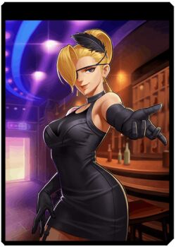 1girl badly_tagged_upload bar blonde_hair blue_eyes bottle breasts chair dress earrings feather_hair_ornament female_focus glass gloves hair_bun hair_ornament hand_up huge_breasts indoors jewelry large_breasts long_hair looking_at_viewer mature_(kof) smile standing table the_king_of_fighters thick_thighs thighs wide_hips