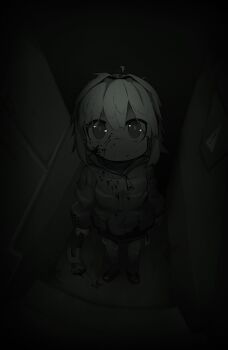 1girl absurdres blood blood_on_clothes blood_on_face child closed_mouth dark_background green_background hammer highres horror_(theme) imerald jacket looking_at_viewer night_vision_device original short_hair solo video_camera white_hair