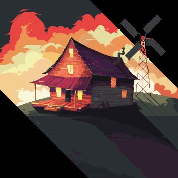 animated animated_gif barrel building cartoon_network chimney cloud commentary courage_the_cowardly_dog door english_commentary glowing house looping_animation lowres no_humans outdoors pixel_art porch scenery sixveeceear sky spinning stairs sunset windmill window wooden_door wooden_house wooden_wall