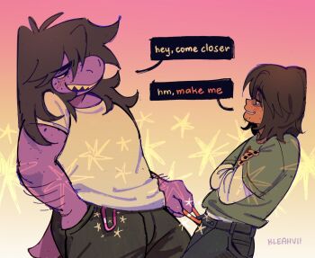 1girl 1other alternate_costume artist_name black_hair black_pants carabiner colored_skin commentary crossed_arms deltarune english_commentary english_text furry furry_female gradient_background green_shirt highres kleahvii kris_(deltarune) medium_hair orange_background pants pink_background purple_skin shirt signature sleeveless sleeveless_shirt smile susie_(deltarune) utdr_(toby_fox) white_shirt