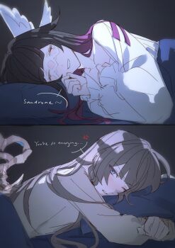 2girls anger_vein black_hair blue_eyes blush brown_hair closed_eyes columbina_(genshin_impact) english_text genshin_impact highres lying mii_(mii_10297) multiple_girls on_side on_stomach pajamas parted_lips pillow purple_streaks sandrone_(genshin_impact) shirt smile under_covers white_shirt winding_key yuri