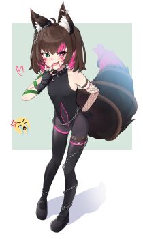 absurdres ahoge animal_ears arm_tattoo bare_shoulders black_shoes brown_hair cat_tail chain collar colored_bangs fang fingerless_gloves flat_chest gloves heterochromia highres indie_virtual_youtuber kenken_(keuken) leaning_forward loli looking_at_viewer mesugaki nail_polish navel nyudachi red_eyes shoes short_hair smile smug spiked_collar spikes tail tattoo teasing uohhhhhhhhh!_(meme) virtual_youtuber wolf_ears wolf_tail