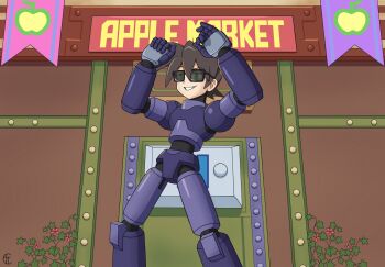 1boy armor blue_armor brown_hair bully_maguire_(meme) clenched_hands clenched_teeth dancing glasses green_eyes grin helmet highres marvel mega_man_(series) mega_man_legends_(series) mega_man_volnutt mega_man_volnutt_alt mega_man_x_(series) mega_man_x_dive meme outdoors smile solo spider-man_(series) spider-man_3 sprinqgueen teeth
