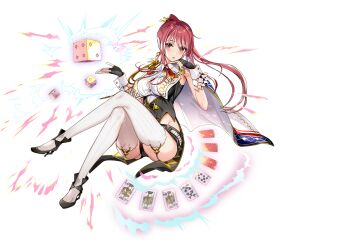 1girl artist_request bad_source belt black_shoes breasts cape cleavage crossed_legs dice fingerless_gloves full_body game_cg garter_straps gloves heart king_(playing_card) latour_(sennen_sensou_aigis) official_art orange_eyes pink_hair playing_card sennen_sensou_aigis shoes solo ten_of_clubs ten_of_spades thighs third-party_source transparent_background wrist_cuffs