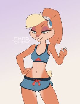 1girl animal animal_ears blonde_hair blue_eyes blue_shirt blue_shorts brown_fur buck_teeth chopchop furry furry_female grey_background hand_on_own_hip headphones holding lola_bunny looney_tunes midriff navel non-web_source open_mouth petite pixie_cut rabbit rabbit_ears rabbit_girl shirt short_hair shorts smile space_jam sports_bra sportswear tail tank_top teeth