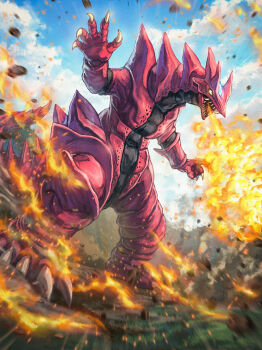 absurdres back_spikes black_skin blue_gemstone blue_sky blurry breath_weapon breathing_fire clawed_feet claws cloud cloudy_sky colored_skin commentary day debris depth_of_field destruction dust_cloud dutch_angle emphasis_lines film_grain fire forehead_jewel full_body gem glowing glowing_gem grass hands_up head_spikes highres kaiju light_particles long_tail looking_ahead mons-ahgar monster monster_focus mountainous_horizon multicolored_skin no_humans open_mouth outdoors red_skin robuja sharp_teeth sky solo spikes tail teeth tokusatsu tsuburaya_productions two-tone_skin ultra_series ultraman_dyna_(series)