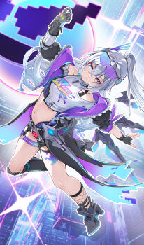 1girl absurdres black_boots black_gloves black_shorts boots breasts commentary_request crop_top drill_hair emoji fingerless_gloves fishnet_socks fishnets gauntlets gloves grey_eyes grey_hair highres honkai:_star_rail honkai_(series) jacket long_hair looking_at_viewer midriff navel ooo_wange short_shorts shorts silver_wolf_(honkai:_star_rail) silver_wolf_(lv.999)_(honkai:_star_rail) small_breasts smile socks solo thighs two-sided_fabric two-sided_jacket very_long_hair