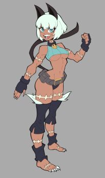 1girl absurdres animal_ears bare_shoulders belt belt_pouch bikini black_bikini bob_cut breasts cat_ears cat_girl cat_tail clenched_hand commentary dark-skinned_female dark_skin english_commentary facing_to_the_side fingerless_gloves fingernails full_body gloves highres looking_at_viewer mg991998 ms._fortune_(skullgirls) multiple_scars narrow_waist open_hand open_mouth pouch ribbed_shirt scar sharp_fingernails sharp_teeth sharp_toenails shirt short_hair simple_background skullgirls slit_pupils solo swimsuit tail teeth toenails underboob